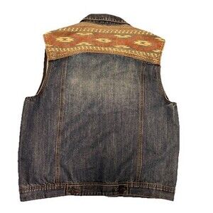 Ring of Fire Denim Vest Mens Blue Southwestern Aztec Yoke Sleeveless Biker Y2K